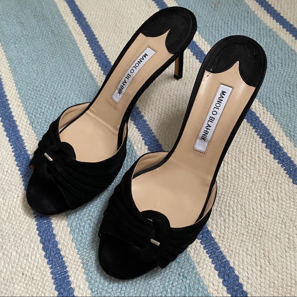 Manolo Blahnik black suede heels slides sandals 39